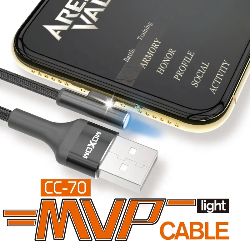 2.4A LED Light MVP Gaming Cable Game Player Cable 1M 90 Degree USB Cable MOXOM