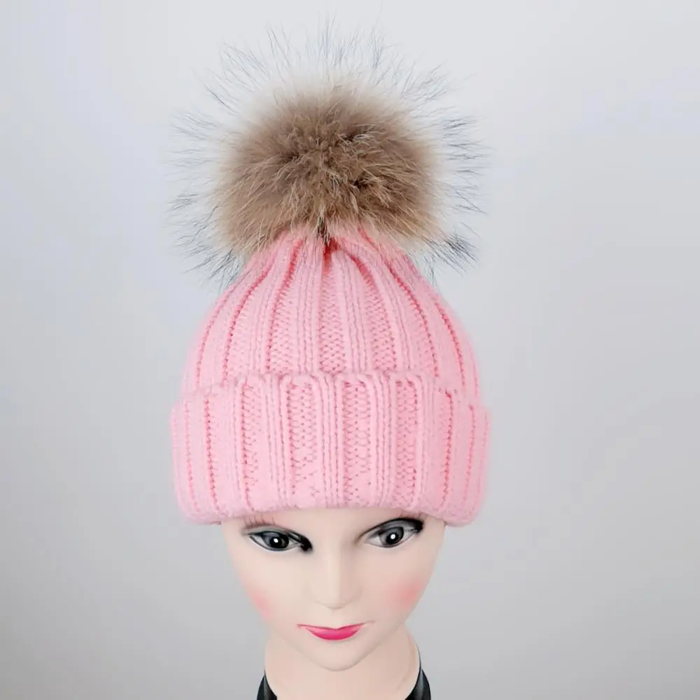 Hot sale kids knitted real mink fur bobble hat beanie hat