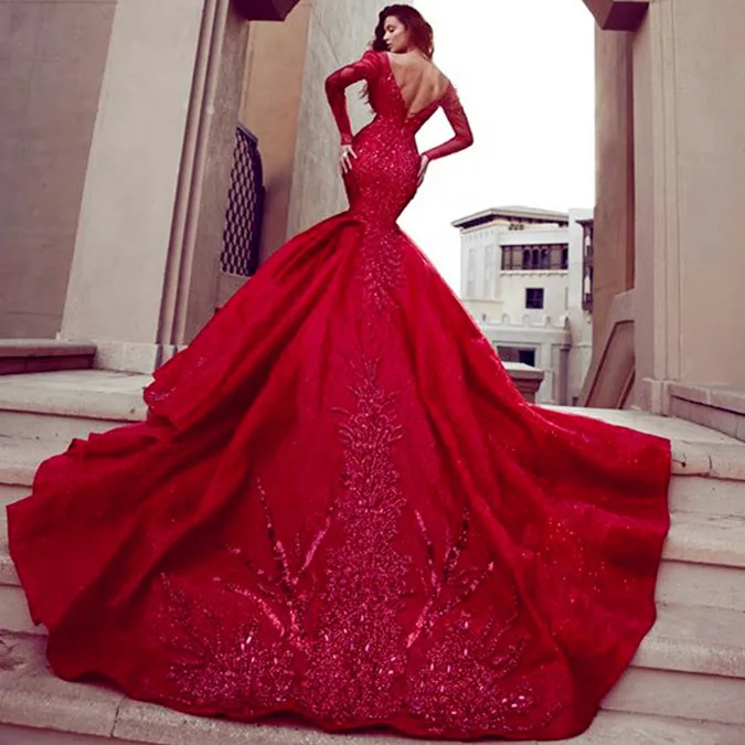 Luxury Dark Red Wedding Dresses African Bridal dress Sexy Mermaid wedding Gown With Long Sleeve wedding dress 2021