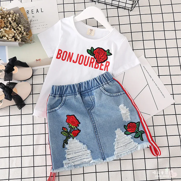 turkish children clothing with fashion embroidered rose T-shirt short sleeves denim skirt suit