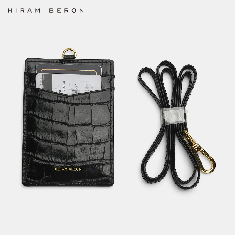 Hiram Beron Italian Cow Leather Name Tag ID Card Holder Lanyard