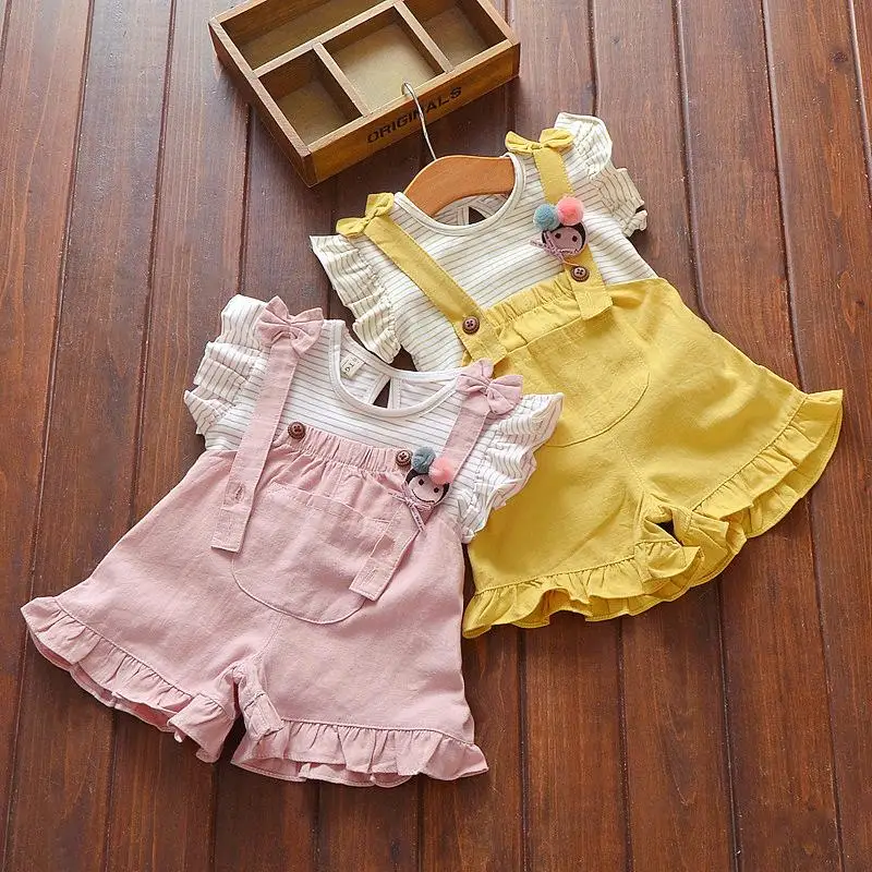 cute stripe fly sleeve strap suit little girl boutique kids high quality children clothing
