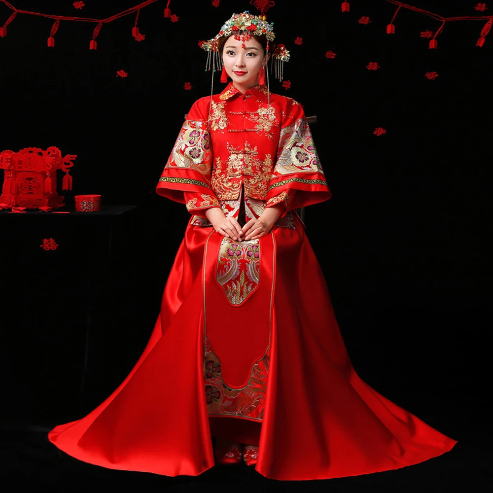 High quality red chinese custom made long sleeve traditional embroidered wedding dress