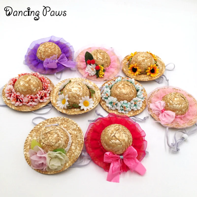 Натуральный ручной работы кошачий соломенная шляпа собака весной и летом шляпа щенки аксессуары для домашних животных