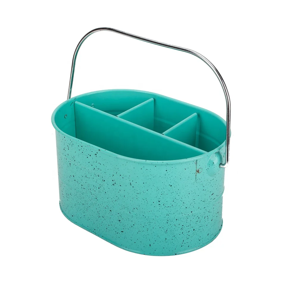 Colorful Green Metal Divided Storage Bucket Jar Utensil Caddy with 4 slots