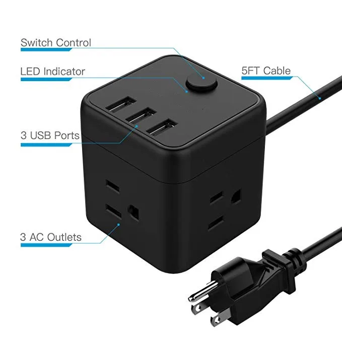 
Cube Portable Power Strip with 3 USB 3 Outlet Charging Station for Nightstand & Desktop & Travel - Black 