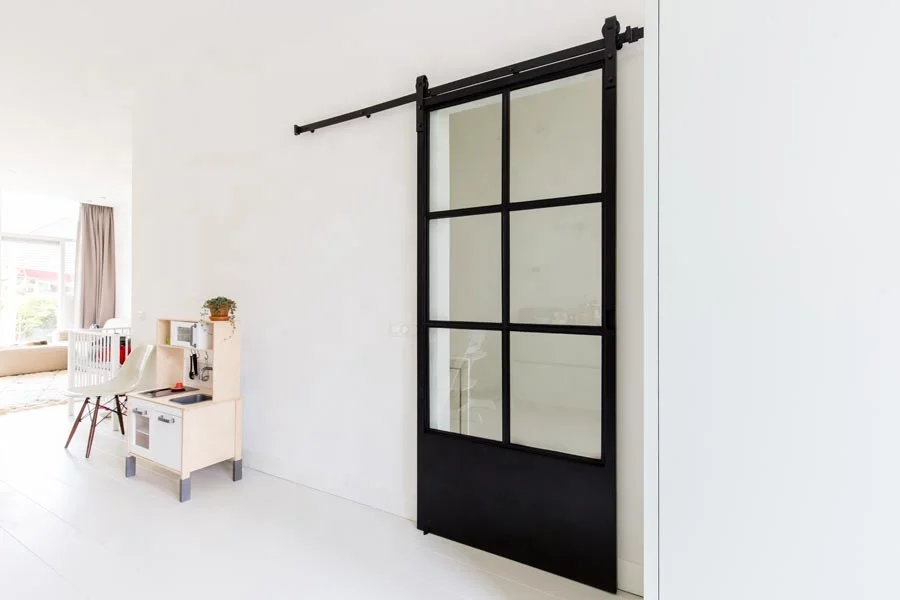 
French Style Black Carbon Steel Sliding Frosted Glass Black Frame Barn Door with Soft Close 