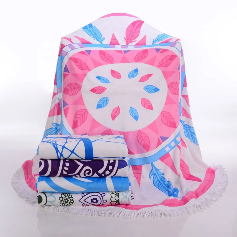 Custom logo extra large weighted giant  folding microfiber round beach towel with mesh bag