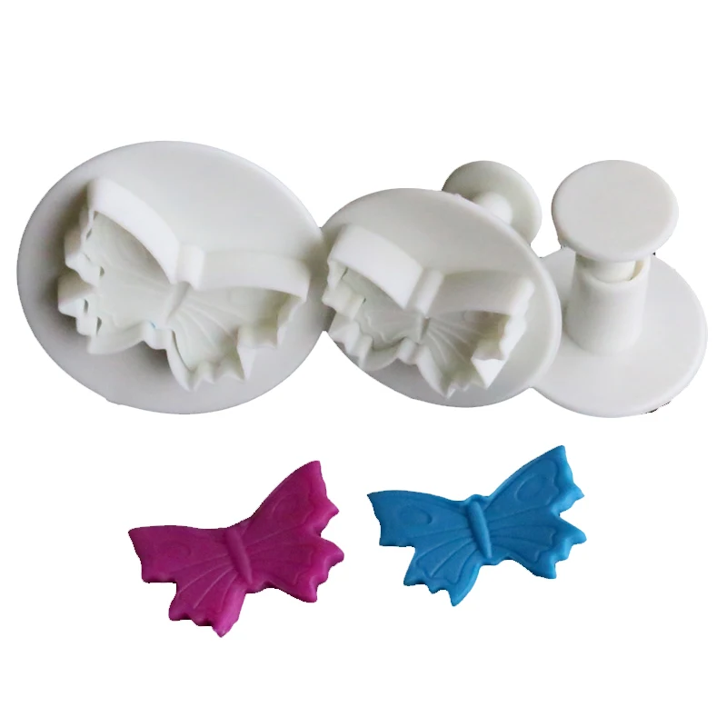 Yiwu bobao factory plastic novelty 3-piece cartoon butterfly shape biscuit pizza cake cookie spring press stamper plunger cutter