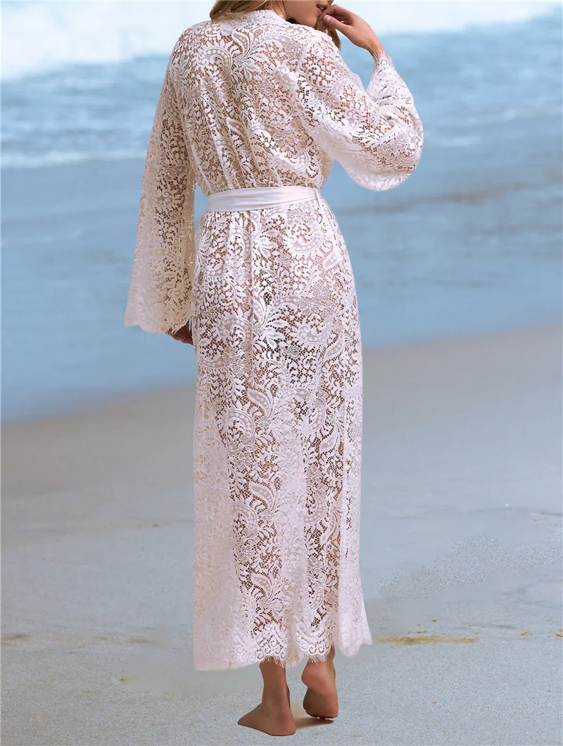 Women Clothes 2019 Summer Beach Dress Tunic Sexy See Through White Lace Long Sleeve Belted Wrap Dress Robe De Plage Sarong