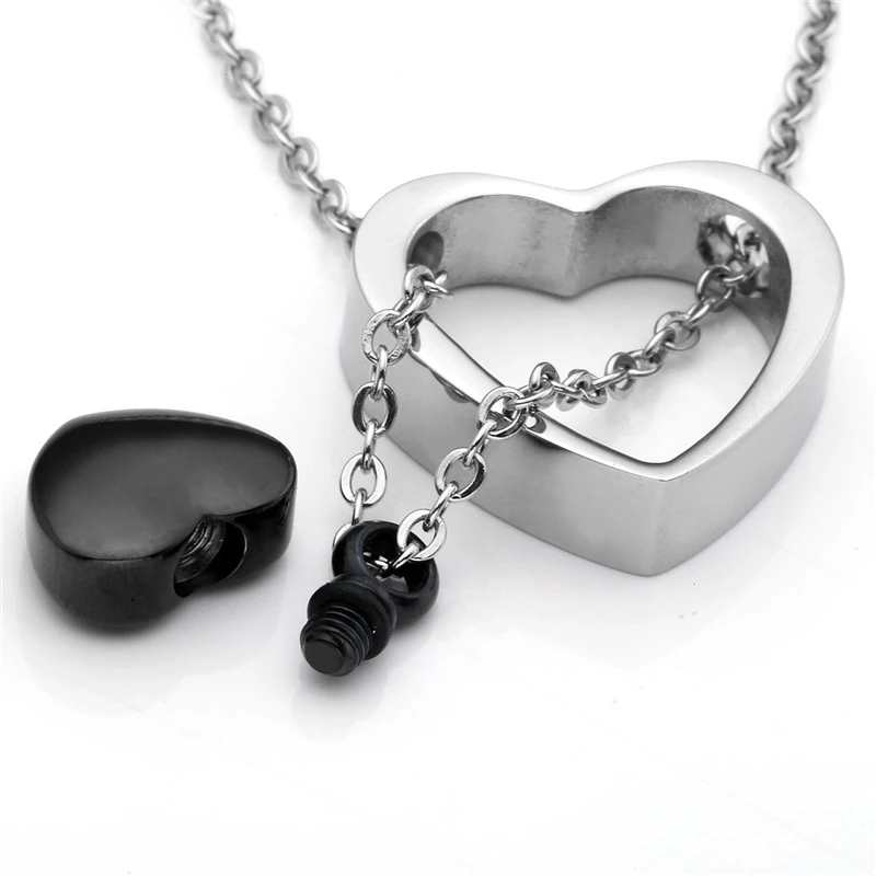 Cremation jewelry stainless steel heart-shaped bone ash jewelry double heart black pendant necklace bone ash souvenir pendant