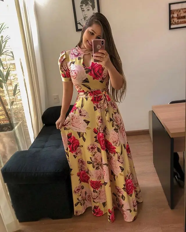 Women Long Maxi Dress 2019 Summer Floral Print Boho Style Beach Dress Casual Short Sleeve Bandage Party Dress Vestidos Plus Size