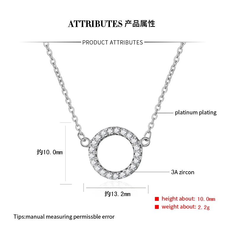 ZHILIAN Sterling Silver 925 Jewellery 3A Cubic Zirconic Round Pendant Necklace for Women