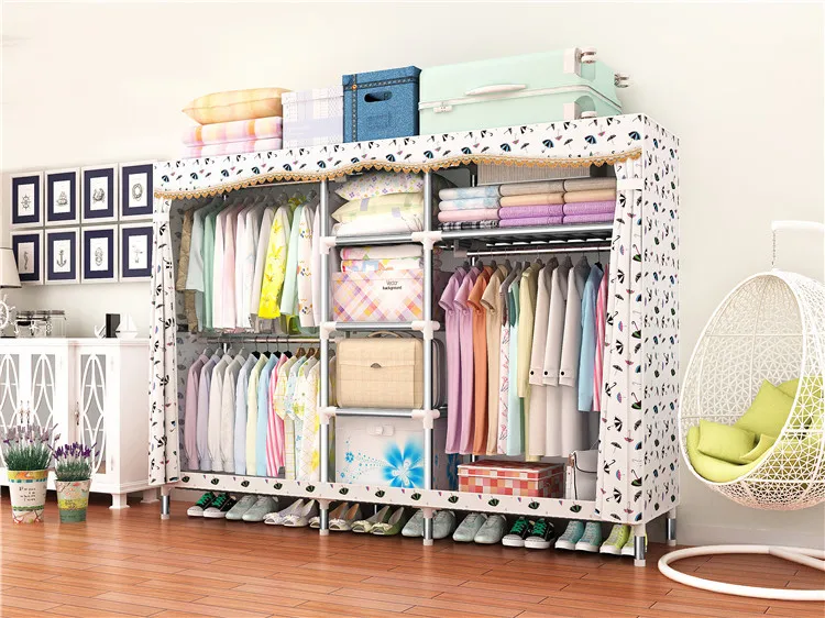 
Modern fashion big size portable 25mm steel tube frame cloth wardrobe with colorful fabric 7766 