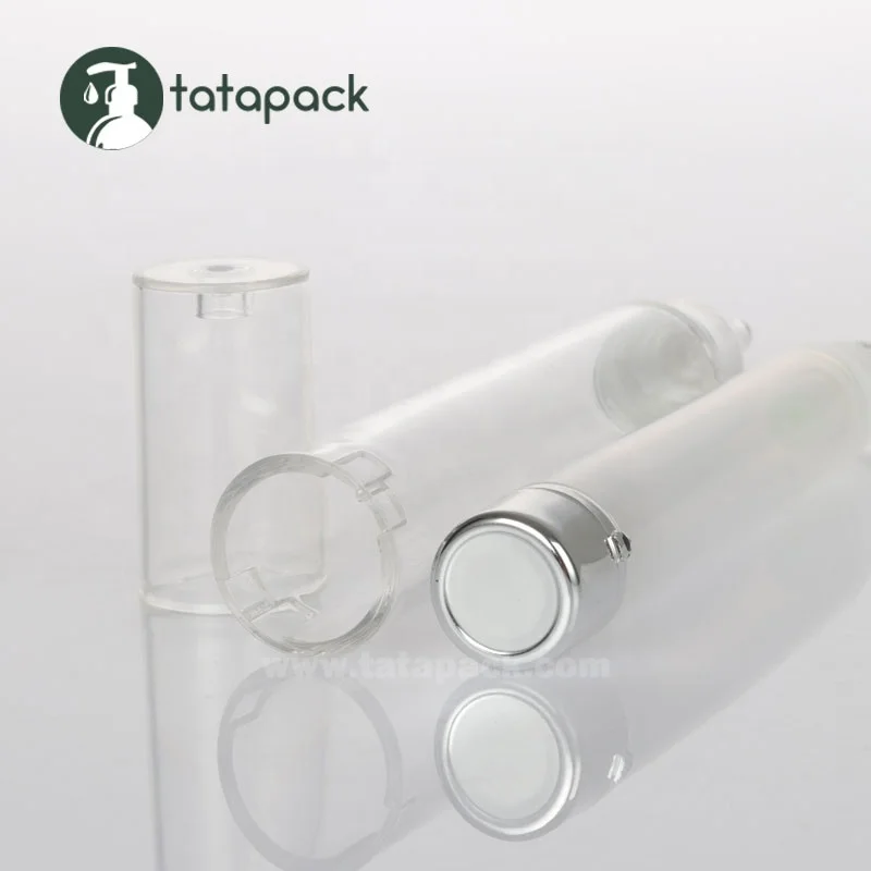 
Silver and Transparent PETG 10ml Airless Syringe Bottle for Cosmetic Packaging, Syringe Shaped Container with Foil Hot Stamping 