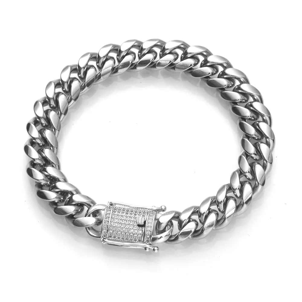 New Fashion Gold/Silver Micro Pave CZ Men HipHop Bracelet 12mm stainless steel Link Miami Cuban Chain Bracelets