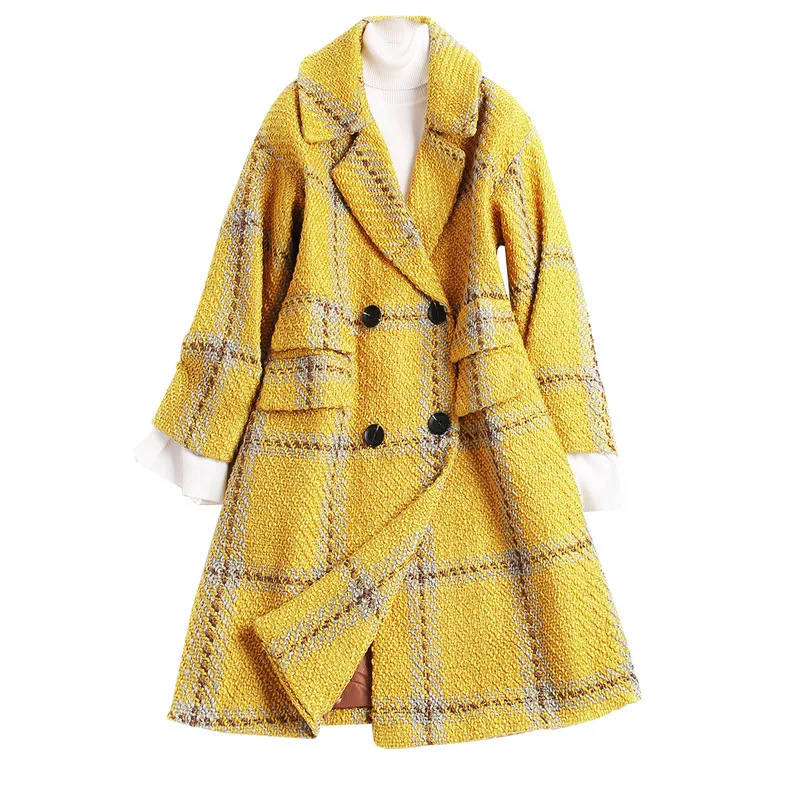 Желтый с длинным рукавом шерстяное длинное пальто женские зимняя одежда модная куртка