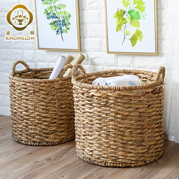 Handmade round water hyacinth grass laundry storage basket indoor planter basket with handle for home decor