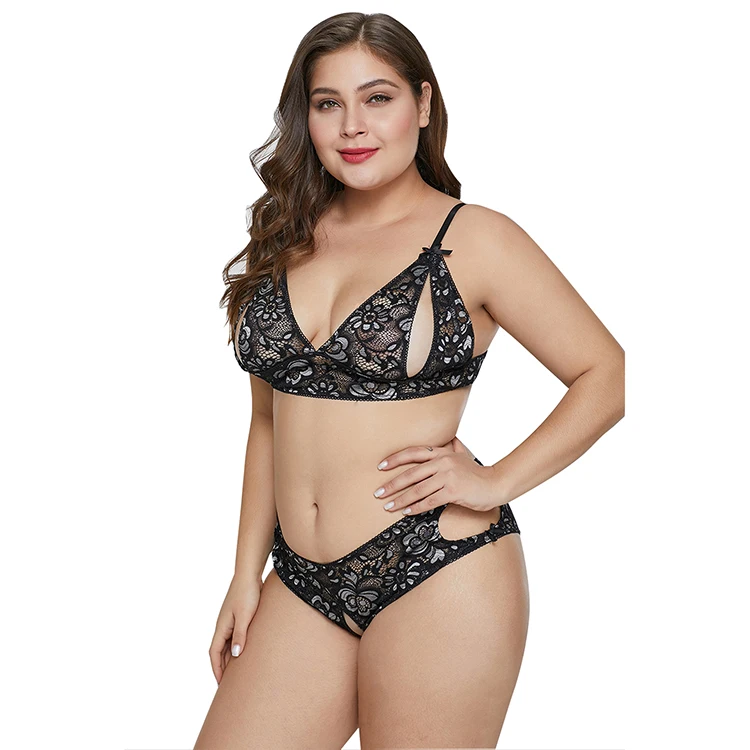 Plus Size Underwear Peek-a-boo Floral Lace Bralettes and Panty Set Sexy Lingerie Set for Fat Women