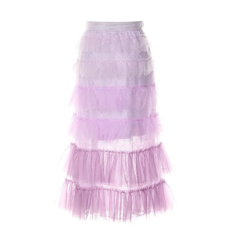 2022 New Fashion Women With Lining Bow Mesh Lace Patchwork Long Skirt Dress Elastic Waist Solid Color Sweet Casual Bubble Skirt