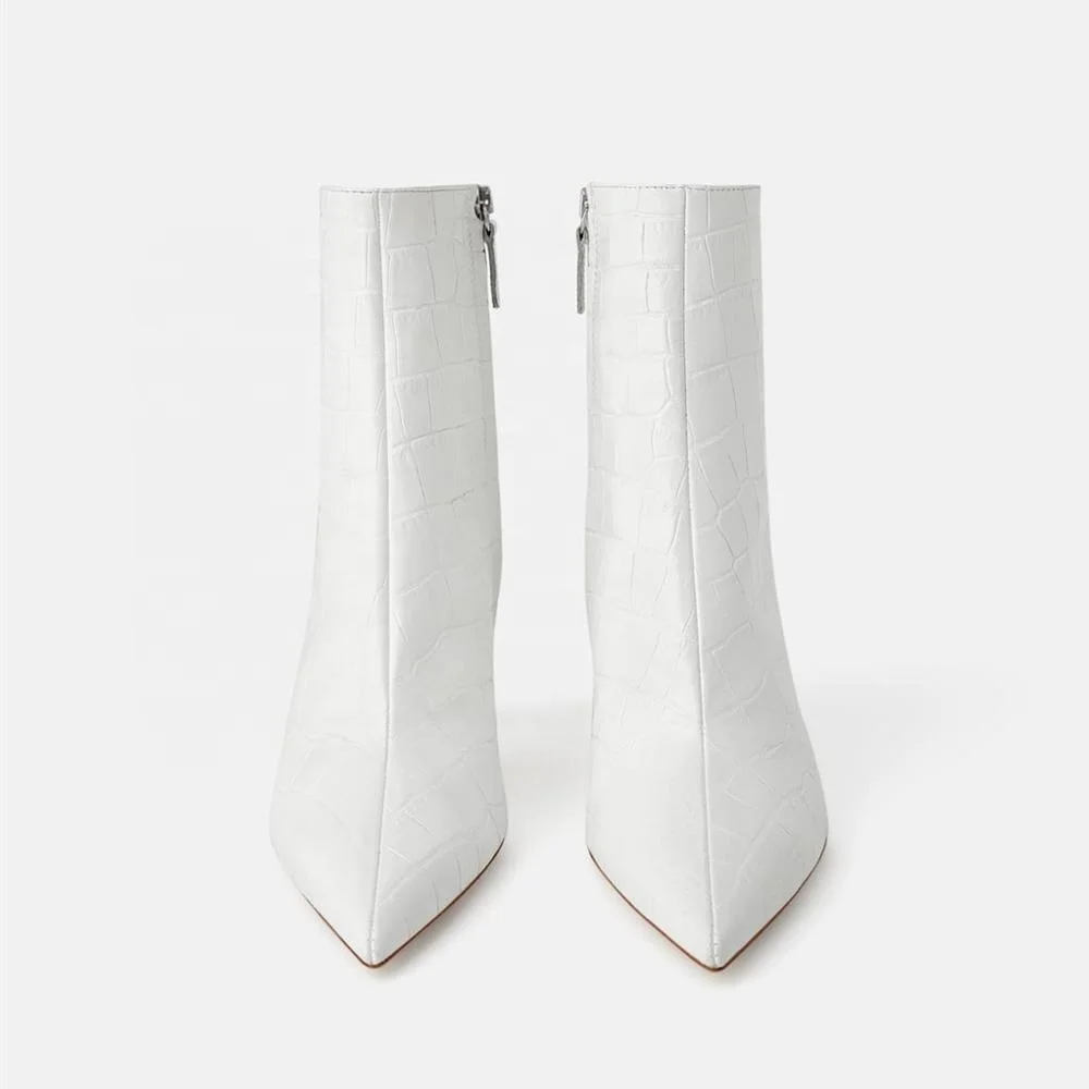 MANRINO-0251Handmade Wholesale Hotsale Plain White Color Women Slim Heel Croc Ankle Boots Shoe