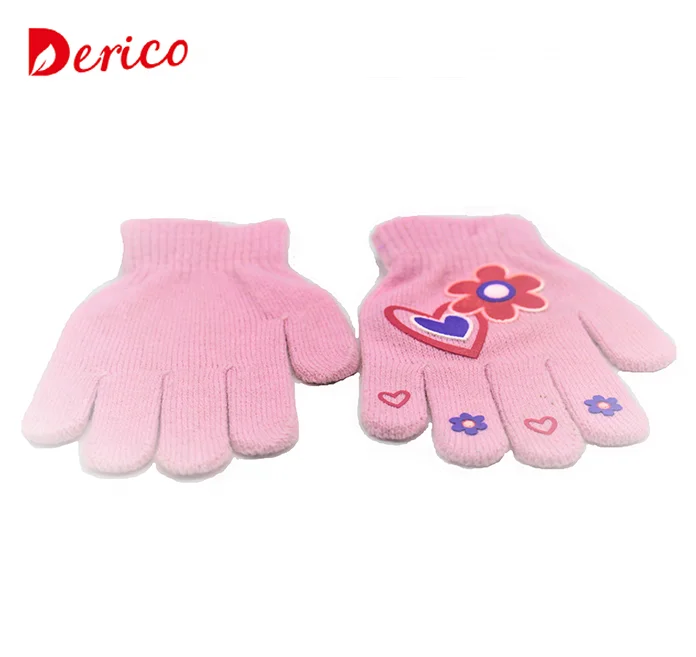 Cheap Winter Kids Applique of Flora with heart Knitted Magic Acrylic Gloves