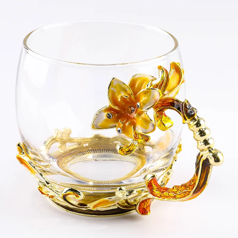 
Creative Lily Enamel Cup Carved Diamond Flower Tea or Coffee Cup Crystal Heat Resistant Glass Water Cup 