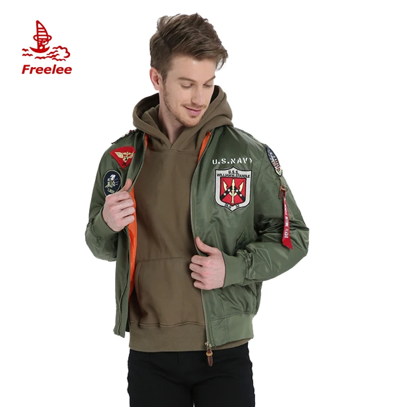 Spring patched US NAVY satin men bomber jacket wholesale