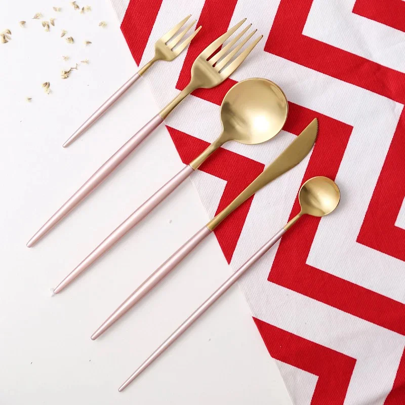 Portugal Pink Gold Flatware Knife Spoon Fork Chopsticks 304 Stainless Steel Wedding Dining Cutlery Set
