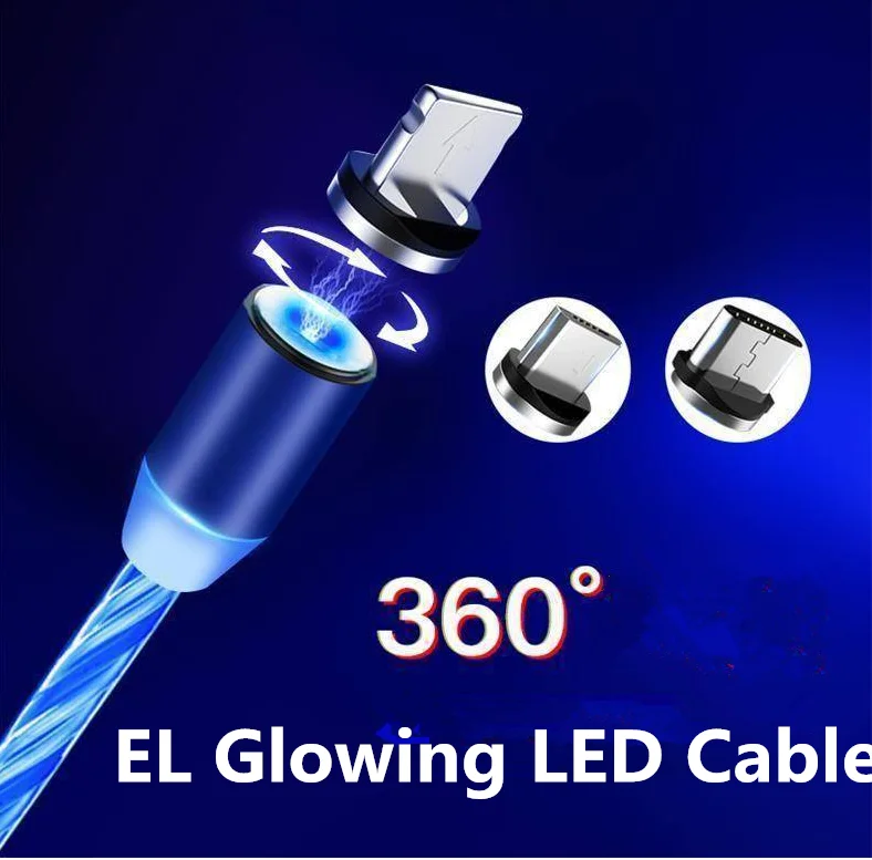 Factory New EL Glowing 3 in 1 Magnetic 2.4A Fast Charging Micro USB Type C 8PIN Magnet Charging Cable