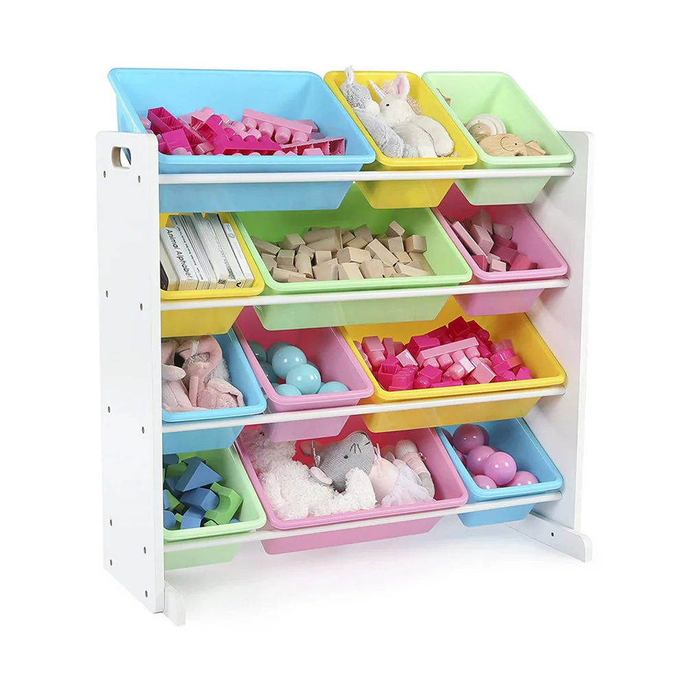 toy organizer with plastic bins for playroom White