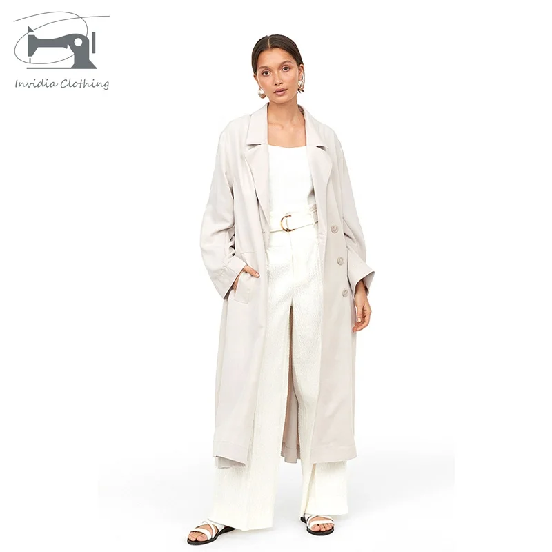 Latest Korean Style Trendy Women Turn Down Collar White Long Button Windproof Trench Coat With Belt
