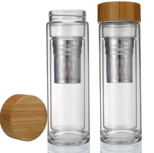 Double wall customized borosilicate glass bottle with stainless steel infuser and bamboo cap Insulated tea infuser bottle 450ml