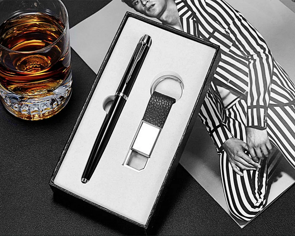 JCX/2022 Hot Sale High Quality Custom Logo Corporate Business Gift Set PU Leather Metal Key Chain with Pen Business Gift Sets