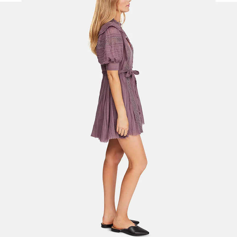 women Sydney Lace Pintucked Dress short sleeves straight hem Button front closure self-tie belt ruffles over shoulders dress