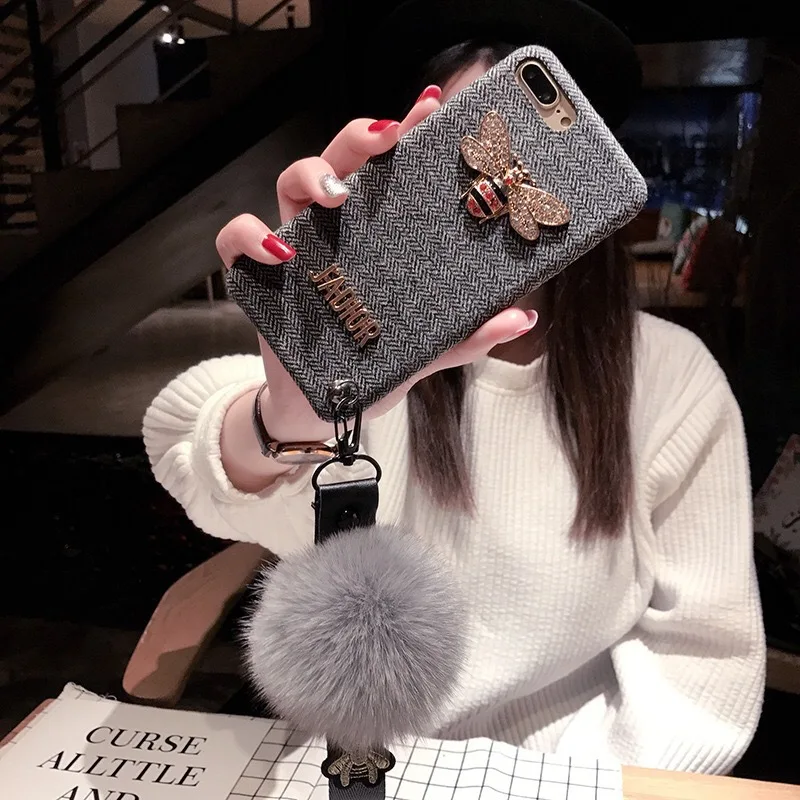 
Luxury rhinestone phone case fabric hair ball phone case with purse hanging rope for phone 