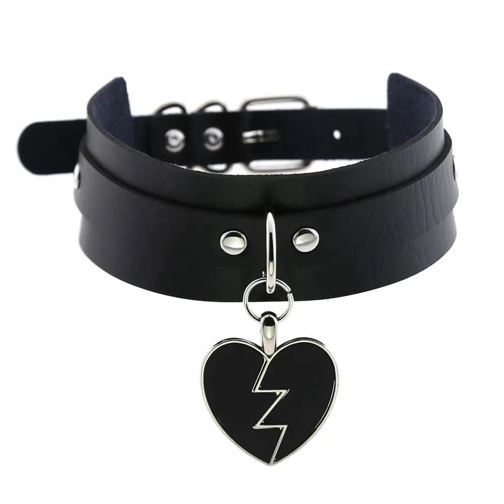 Harajuku PU Leather Choker Lightning Heart Collar Bondage Goth Punk Rock Sexy Heart-Broken Pendant Choker Necklace