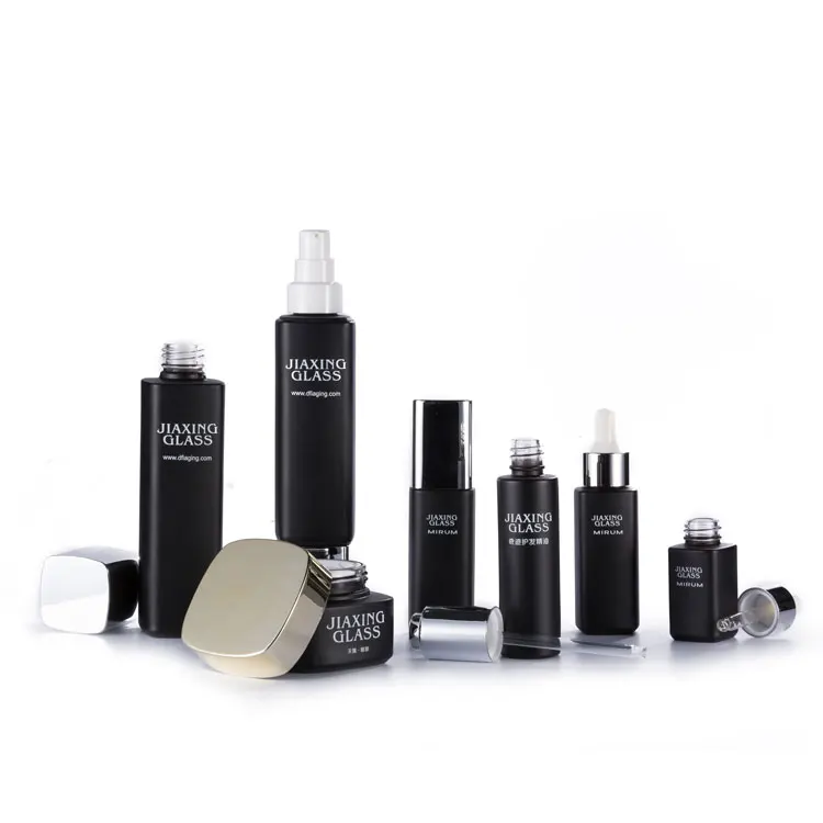Luxury 15ml 30ml 40ml 100ml empty square spray pump black cosmetic face lotion cream glass bottle jar packaging set