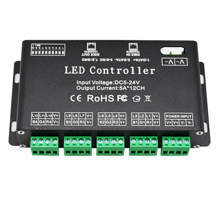 
12 Channel LED DMX512 1990 Constant Decoder 5VDC to 24VDC 5A per Channel PWM Output signal RJ45 