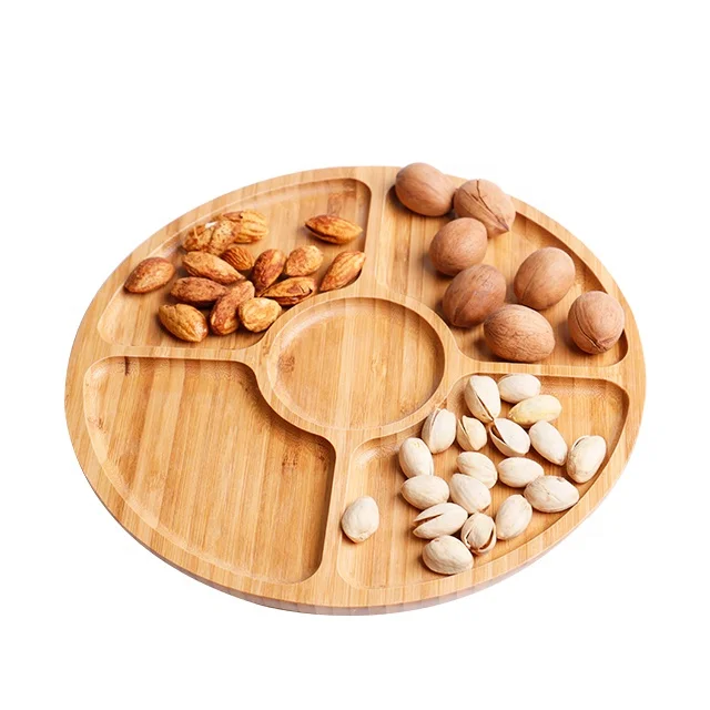 Недорогая круглая сухая деревянная бамбуковая разделительная тарелка для закусок с 5 отделениями на заказ