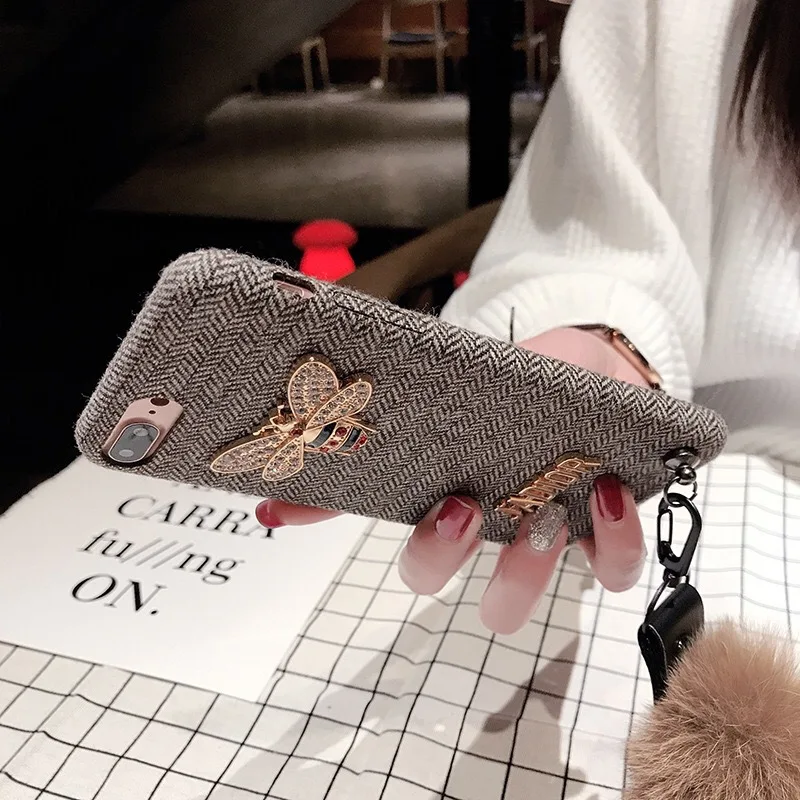 
Luxury rhinestone phone case fabric hair ball phone case with purse hanging rope for phone 