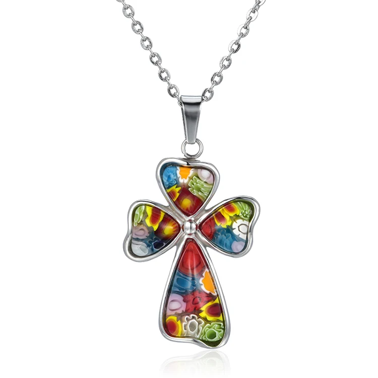 100% Original Factory Made Wholesale High Quality Murano Glass Cross Necklace For Women Stainless steel Jewelry