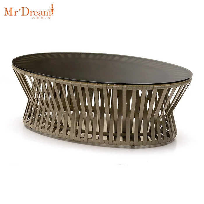 High quality industrial french turkish furniture living room glass top rope woven coffee table for patio