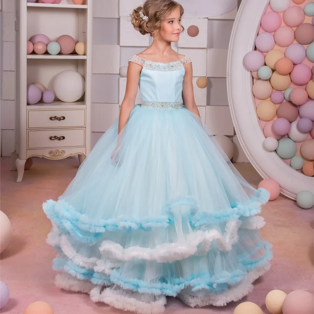 ZH1186B High quality Tulle butterfly princess Dresses illusion  Gowns Kids Wedding flower baby girl dress
