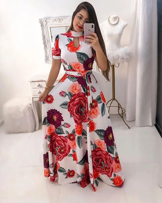 Women Long Maxi Dress 2019 Summer Floral Print Boho Style Beach Dress Casual Short Sleeve Bandage Party Dress Vestidos Plus Size