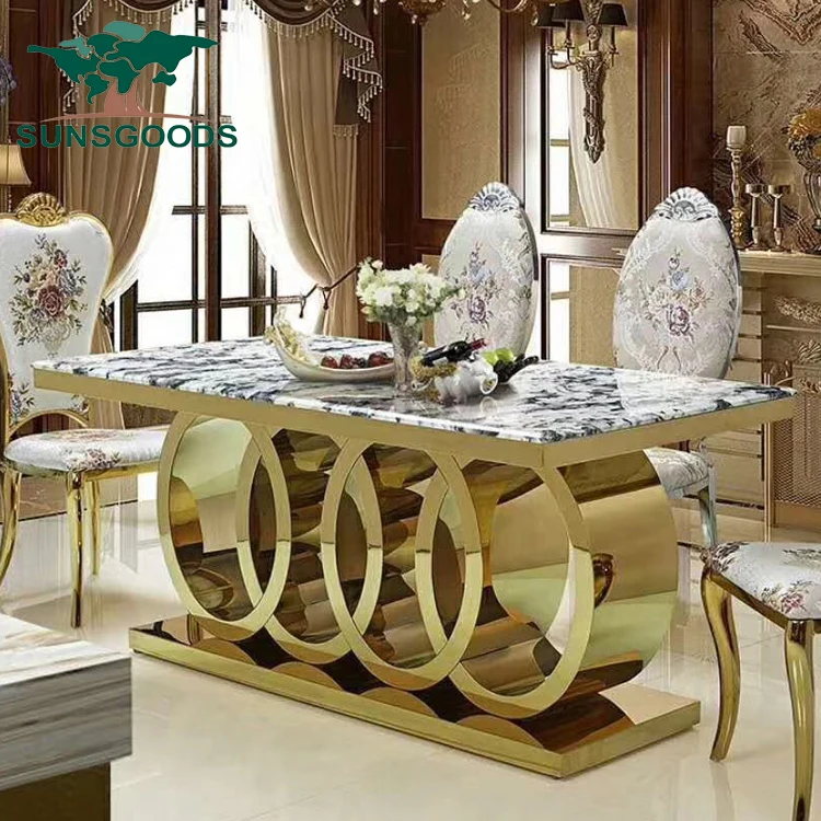 
stylish gold stainless steel marble top 10 seater dining table 