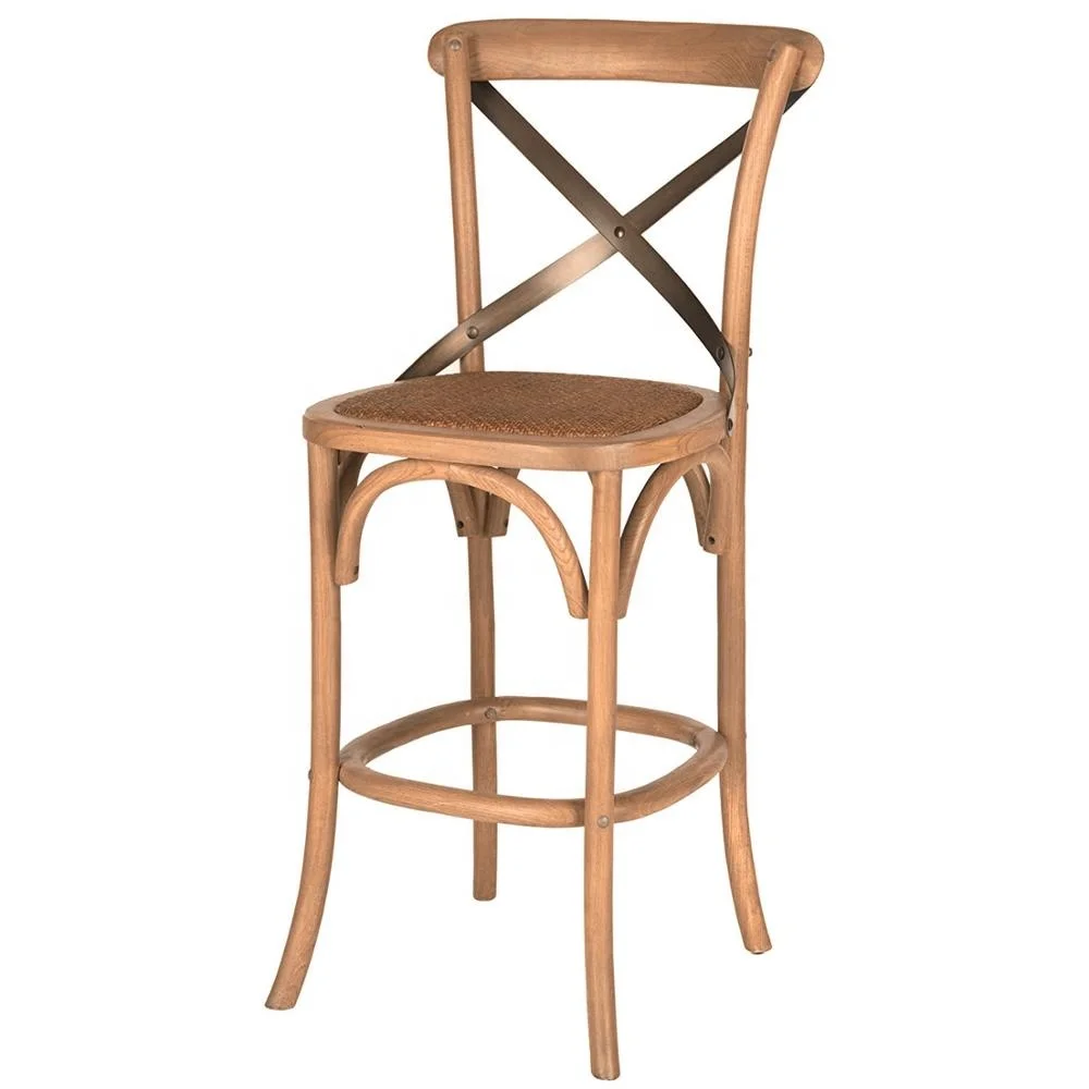 Amazon Hot Bar Room Solid Wood Bent Metal X Cross Back Bar Height Stool High Chair