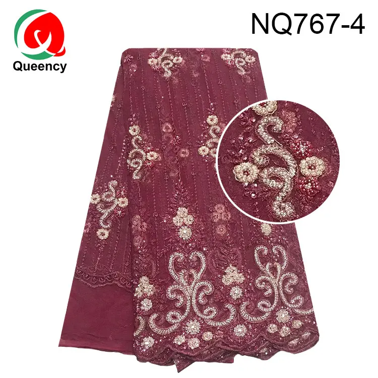 Queency New special hand made beads and stones french lace fabric for wedding and party bridal dress