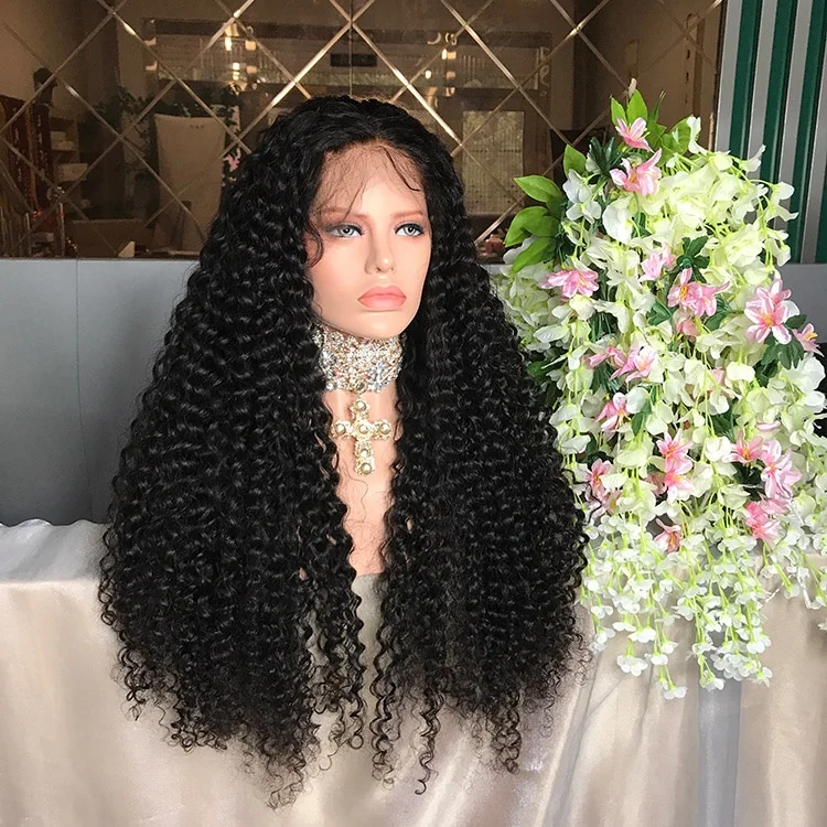 Wholesale Price 150% Density Glueless Natural Black Curly 22inch Long Brazilian Human Hair Wig Lace Front Wig with Baby Hair