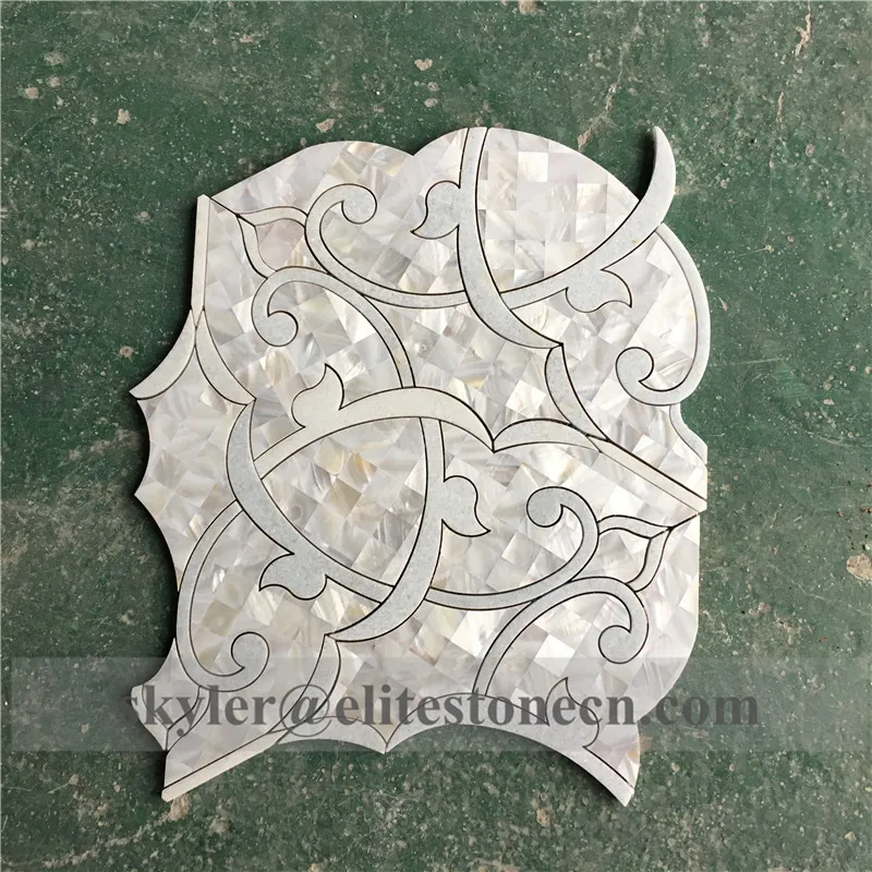 luxury mother pearl of shell and blue marble mixed waterjet mosaic tile